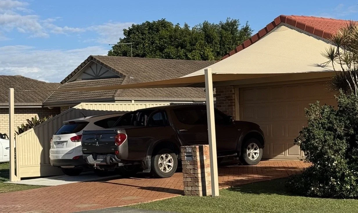 Full view of the Bellmere gable carport shade sail